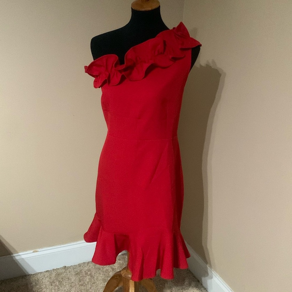 Red one shoulder dress. Adjustable shoulder strap.  Size is 2XL but runs small.